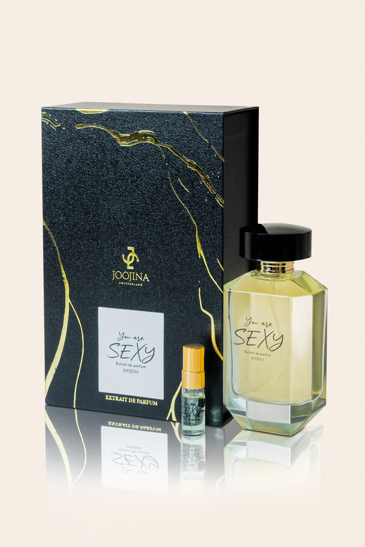 JOOJINA You Are Sexy extrait de parfum beside its black and gold gift box, with the 3 ml trial sample