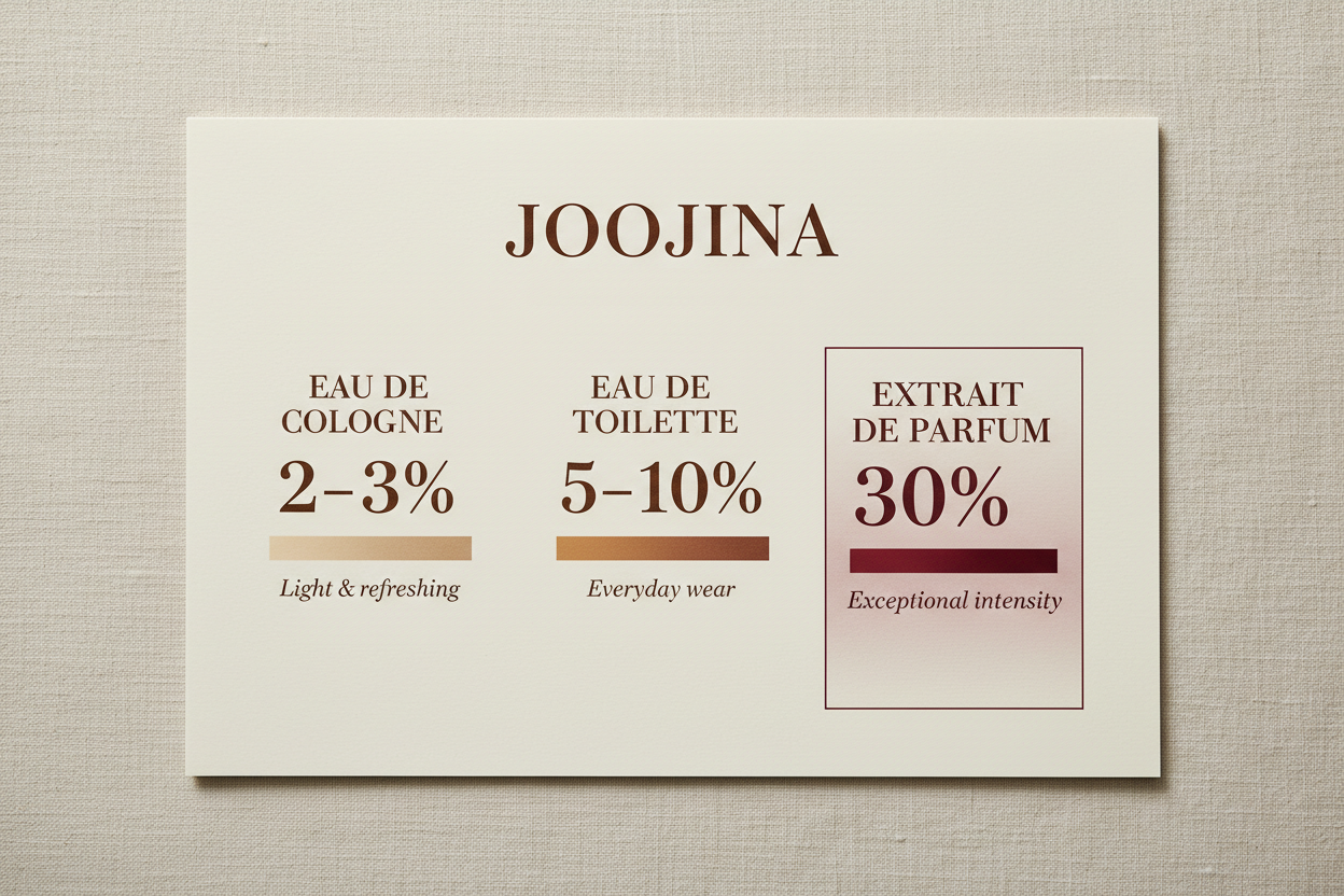 JOOJINA concentration comparison — Eau de Cologne, Eau de Toilette, Extrait de Parfum